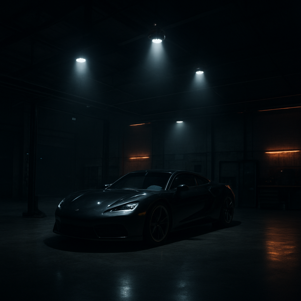 Interior of the Chequered Flag Auto body shop with a sports car under spotlights